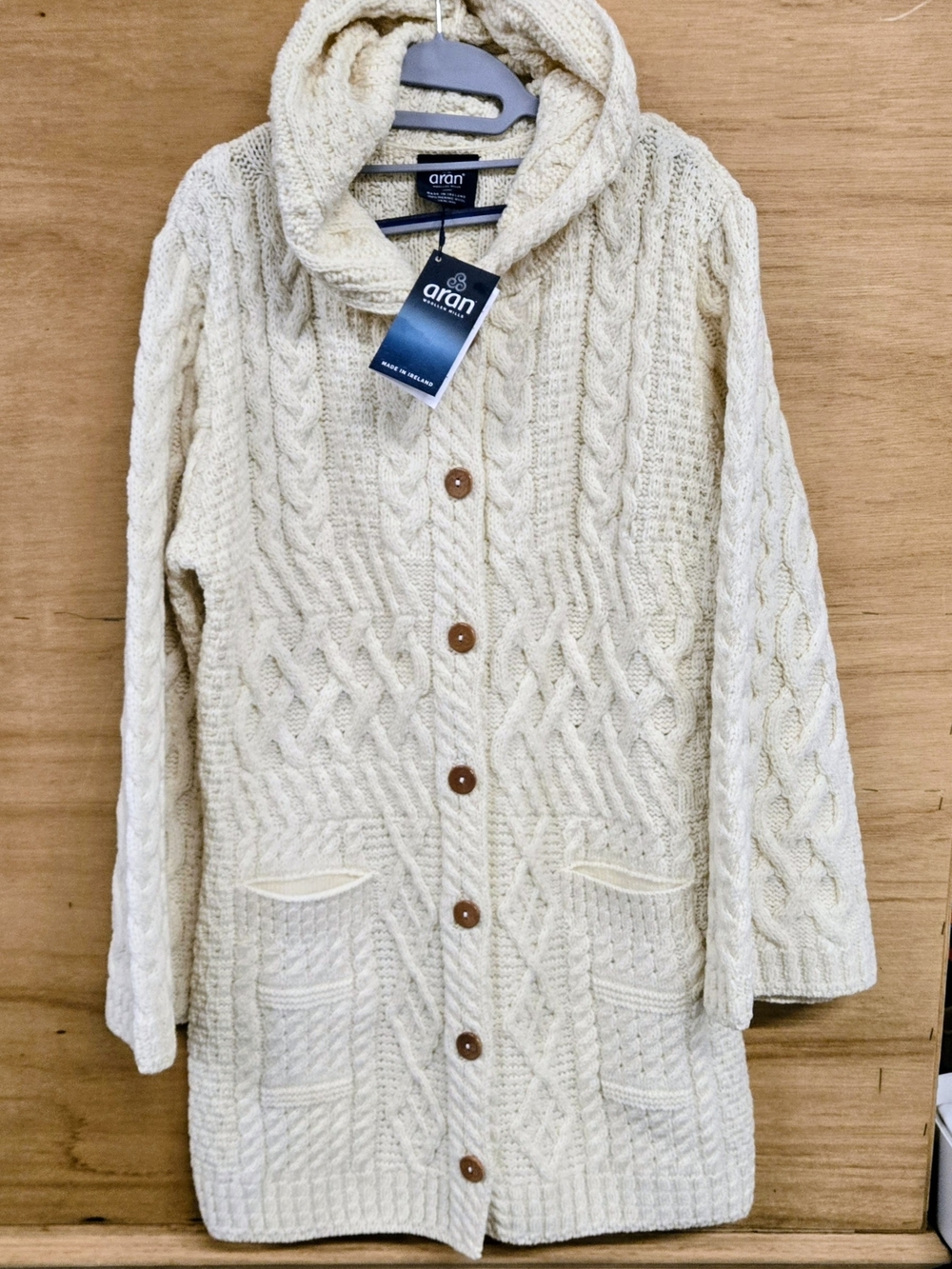 Aran Cream Cable Knit Wool Hooded Cardigan with Front Buttons. Fits Like A Large